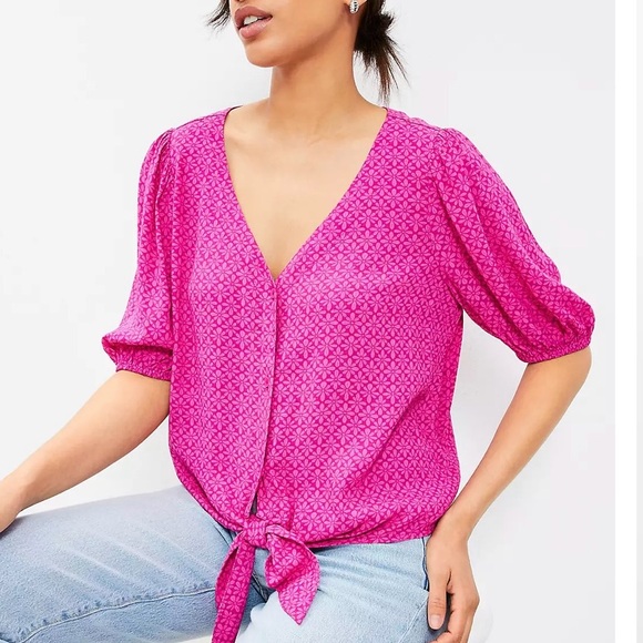 LOFT Tops - V-Neck Tie-Front Blouse Bold Pink Print Puff Sleeve Medium New with Tags